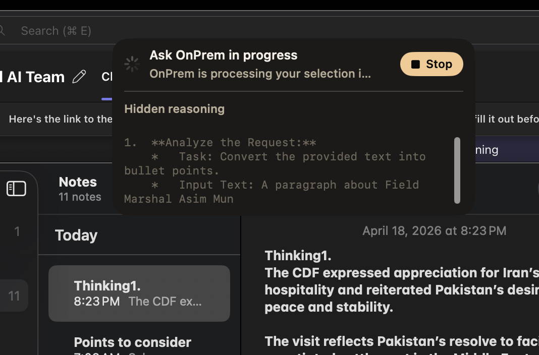 Ask OnPrem showing hidden reasoning trace